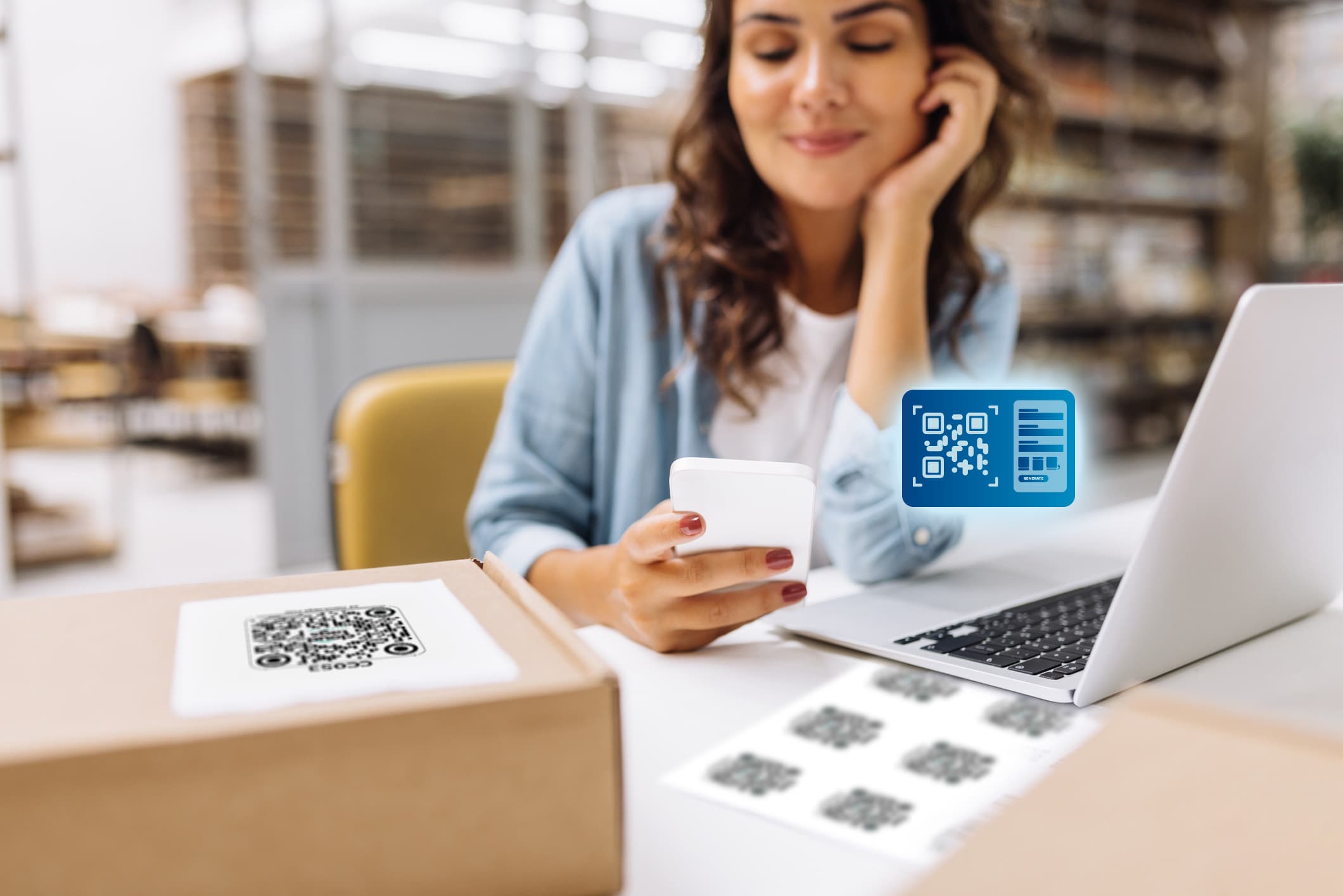 A woman looking at her phone in a warehouse surrounded by Qr codes