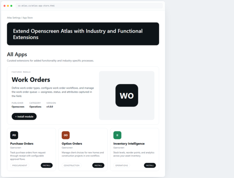 Openscreen Atlas App Store — install work order and other modules